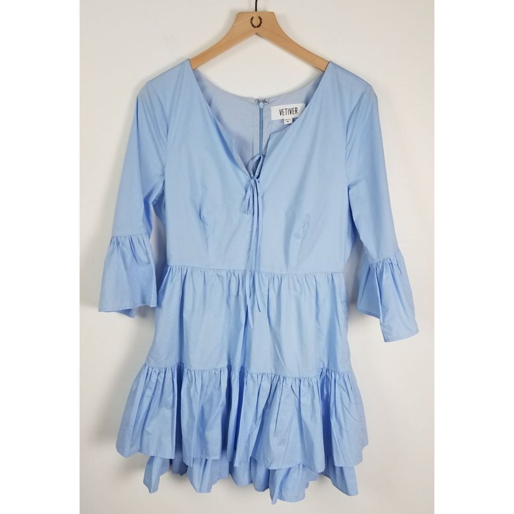 Vetiver Women's Sz. 6 Light Blue Harrison Mini Cotton Poplin Ruffled Dress - Picture 2 of 9